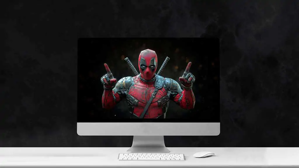 Deadpool funny pose wallpaper 4K finger-pointing gesture, crossed katanas, detailed battle suit in cinematic Ultra HD resolution for all desktop