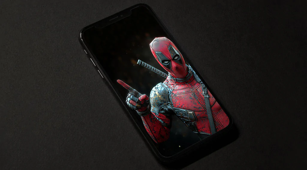 Fond d'écran Deadpool pose drôle 4K geste du doigt pointé, costume de combat détaillé en résolution cinématique Ultra HD pour tous les téléphones portables et iPhone