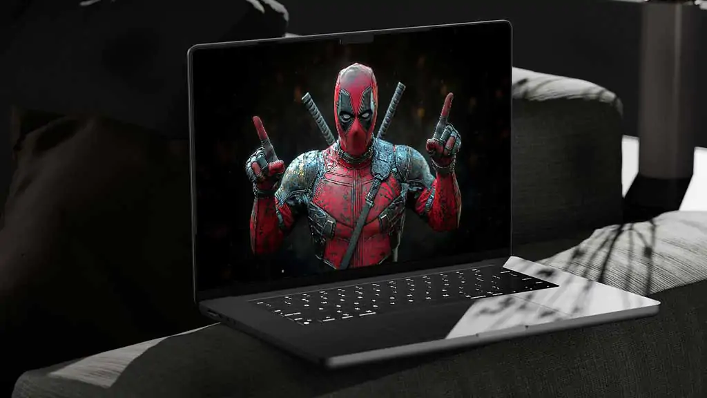 Deadpool funny pose wallpaper 4K finger-pointing gesture, crossed katanas, detailed battle suit in cinematic Ultra HD resolution for all laptop