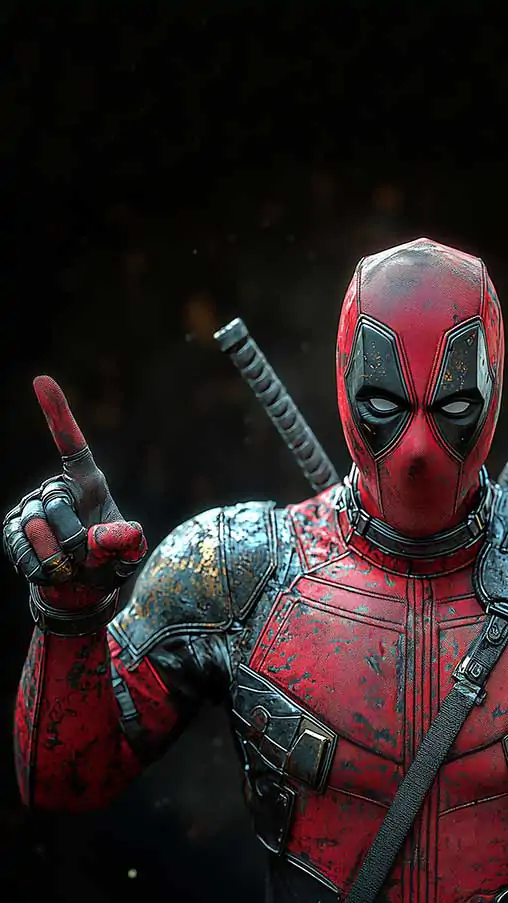 Deadpool funny pose wallpaper 4K finger-pointing gesture, detailed battle suit in cinematic Ultra HD resolution for all mobile phone and iphone