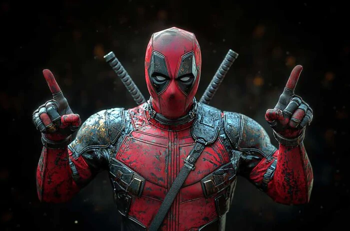 Deadpool funny pose wallpaper 4K finger-pointing gesture, crossed katanas, detailed battle suit in cinematic Ultra HD resolution for all devices