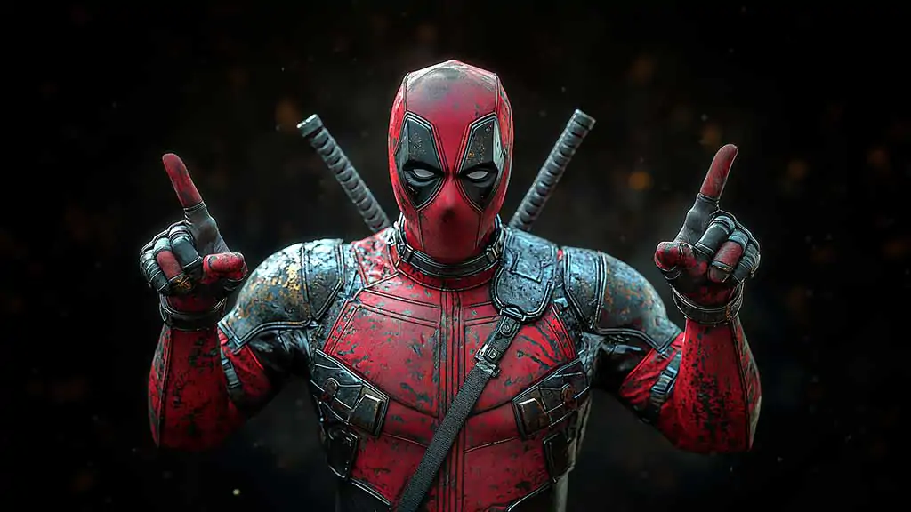 Fond d'écran Deadpool en pose drôle 4K avec geste du doigt pointé, katanas croisés, costume de combat détaillé en résolution Ultra HD cinématique pour tous appareils