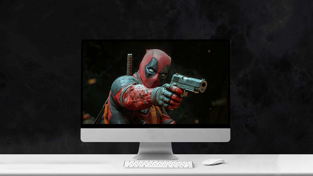 Fond d'écran tactique Deadpool 4K pose de combat de profil latéral, visée au pistolet, détails de la combinaison de combat en résolution Ultra HD cinématographique gratuite pour tous les ordinateurs de bureau