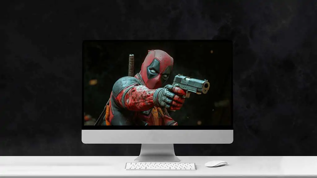 Deadpool tactical wallpaper 4K side-profile combat pose, handgun aim, battle suit details in cinematic Ultra HD resolution free for all desktop