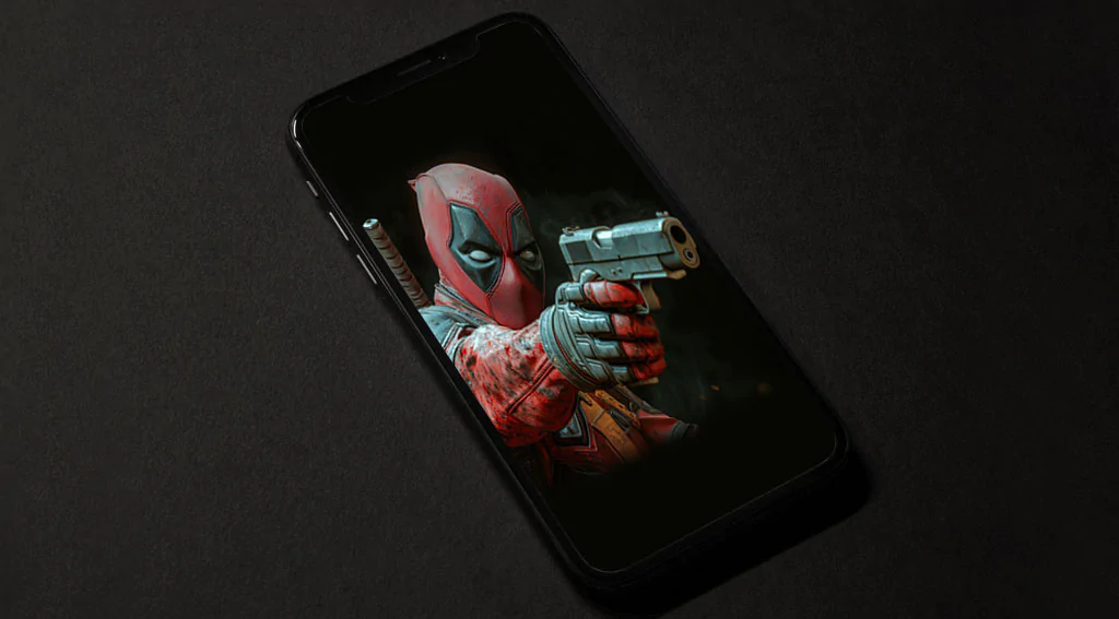 Deadpool tactical wallpaper 4K side-profile combat pose, handgun aim, battle suit details in cinematic Ultra HD resolution free for all mobile phone and iphone