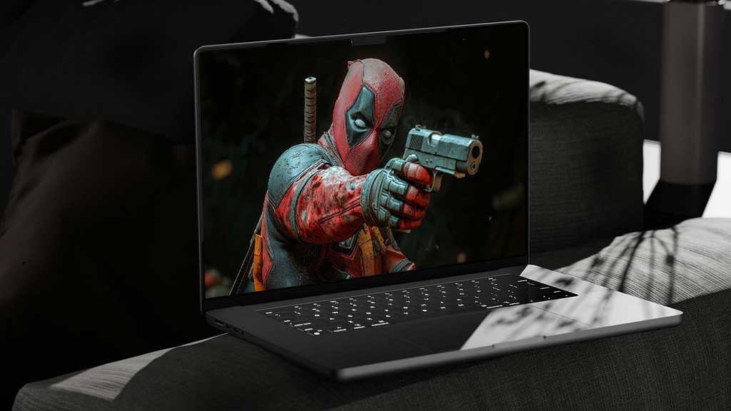 Fond d'écran tactique Deadpool 4K pose de combat de profil latéral, visée au pistolet, détails de la combinaison de combat en résolution Ultra HD cinématographique gratuite pour tous les ordinateurs portables