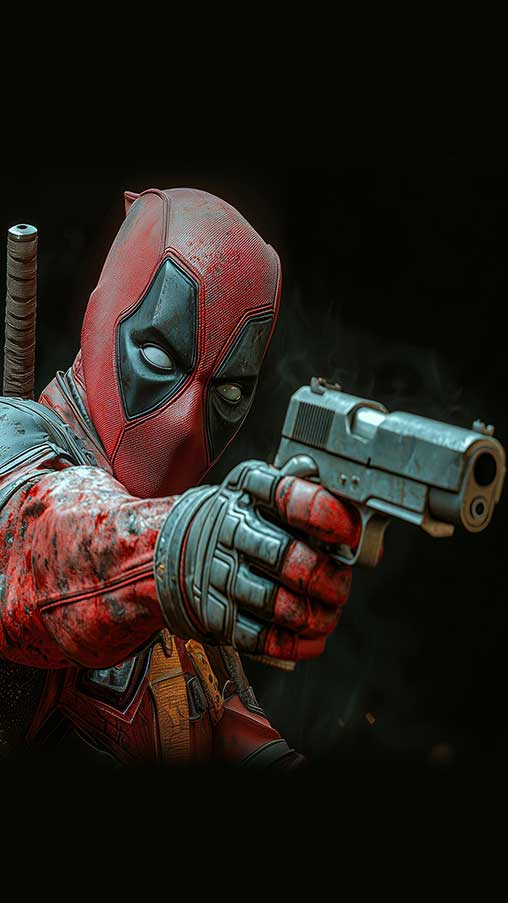 Fond d'écran tactique Deadpool 4K pose de combat de profil latéral, visée au pistolet, détails de la combinaison de combat en résolution Ultra HD cinématographique gratuite pour tous les téléphones mobiles et iPhone