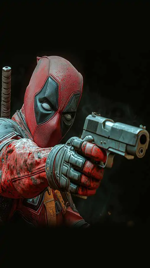 Deadpool tactical wallpaper 4K side-profile combat pose, handgun aim, battle suit details in cinematic Ultra HD resolution free for all mobile phone and iphone