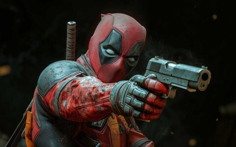 Deadpool tactical wallpaper 4K side-profile combat pose, handgun aim, battle suit details in cinematic Ultra HD resolution free for all devices