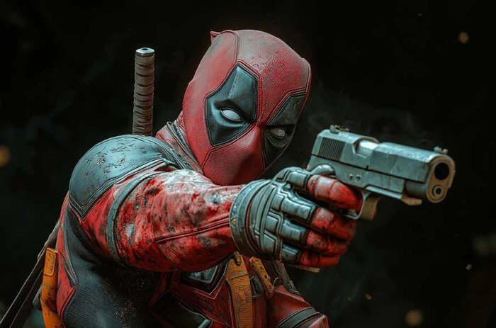 Fond d'écran tactique Deadpool 4K pose de combat de profil latéral, visée au pistolet, détails de la combinaison de combat en résolution Ultra HD cinématographique gratuite pour tous les appareils