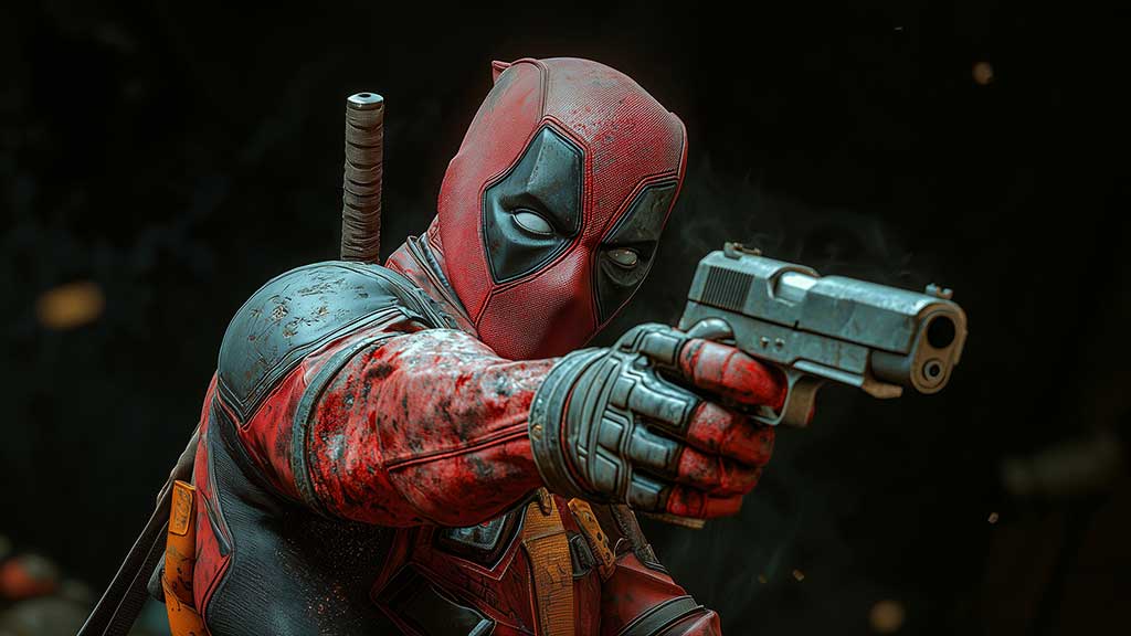 Fond d'écran tactique Deadpool 4K pose de combat de profil latéral, visée au pistolet, détails de la combinaison de combat en résolution Ultra HD cinématographique gratuite pour tous les appareils