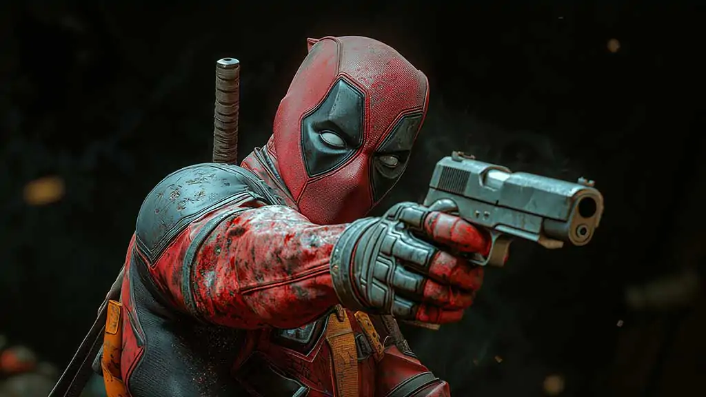 Deadpool tactical wallpaper 4K side-profile combat pose, handgun aim, battle suit details in cinematic Ultra HD resolution free for all devices