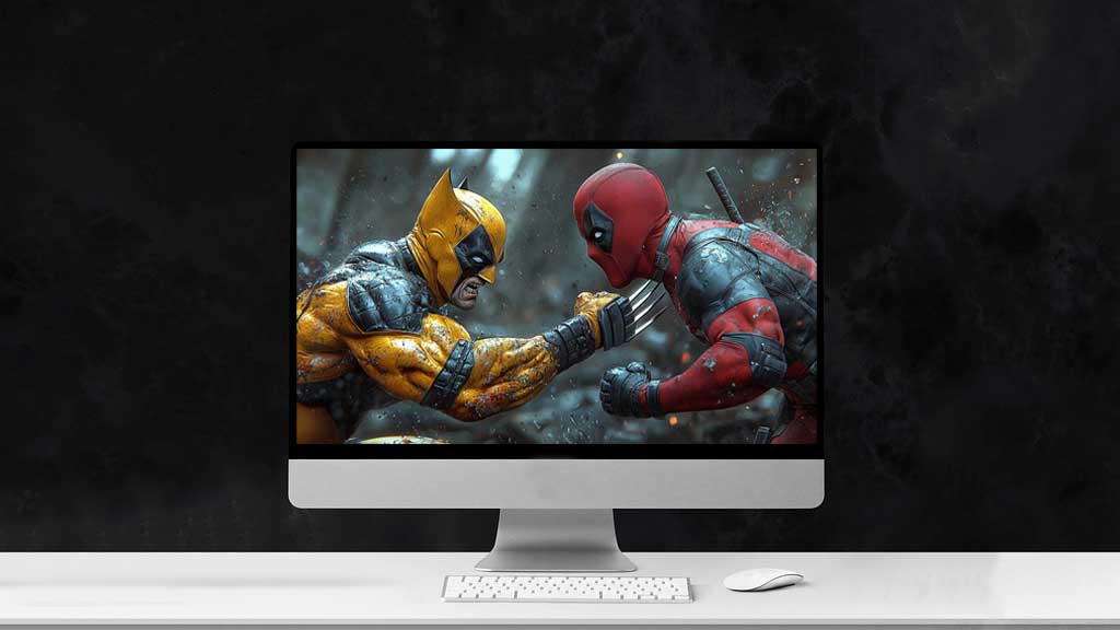 Fond d'écran Deadpool vs Wolverine 4K avec un arrière-plan de scène de bataille intense disponible en résolution Ultra HD pour tous les ordinateurs de bureau gratuits