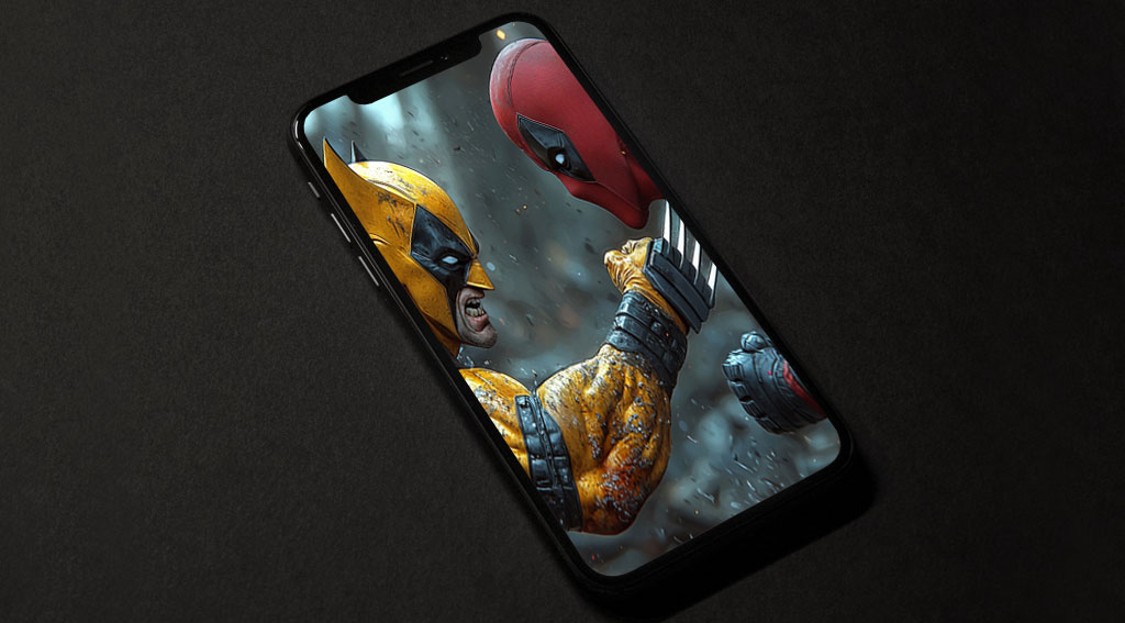 Fond d'écran Deadpool vs Wolverine 4K avec un arrière-plan de scène de bataille intense disponible en résolution Ultra HD pour tous les téléphones mobiles et iPhone gratuitement