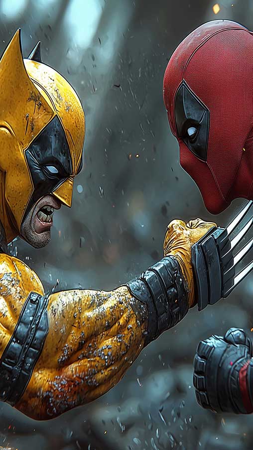 Fond d'écran Deadpool vs Wolverine 4K avec un arrière-plan de scène de bataille intense disponible en résolution Ultra HD pour tous les téléphones mobiles et iPhone gratuitement