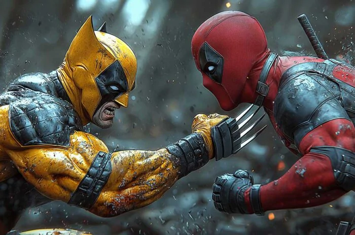 Fond d'écran Deadpool vs Wolverine 4K avec un arrière-plan de scène de combat intense disponible en résolution Ultra HD pour tous les appareils gratuitement