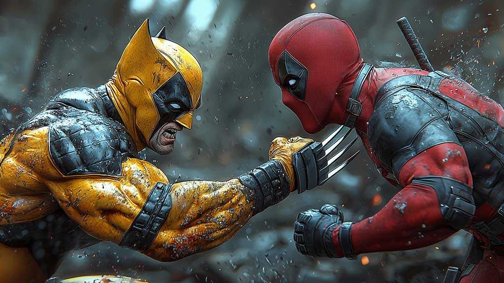 Fond d'écran Deadpool vs Wolverine 4K avec un arrière-plan de scène de combat intense disponible en résolution Ultra HD pour tous les appareils gratuitement