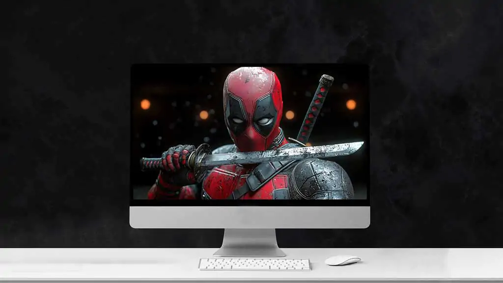 Deadpool katana wallpaper 4k featuring dramatic sword pose, detailed battle-worn blade, cinematic lighting effects in Ultra HD for all desktop