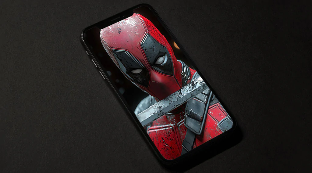 Deadpool katana wallpaper 4k featuring dramatic sword pose, detailed battle-worn blade, cinematic lighting effects in Ultra HD for all mobile phone and iphone