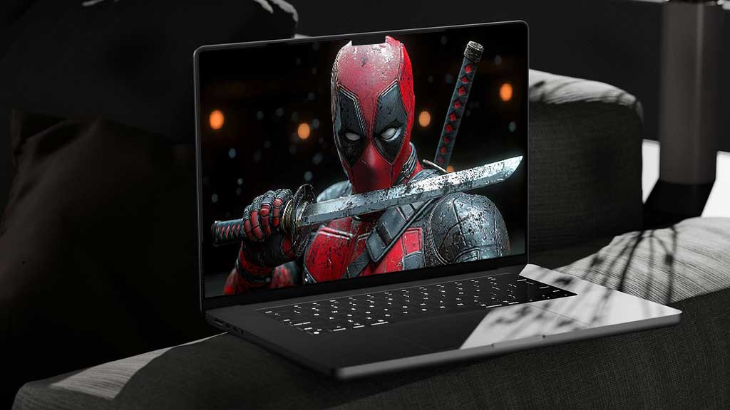 Fond d'écran 4K du katana de Deadpool avec pose d'épée dramatique, lame de combat détaillée et effets d'éclairage cinématographiques en Ultra HD pour tous les ordinateurs portables