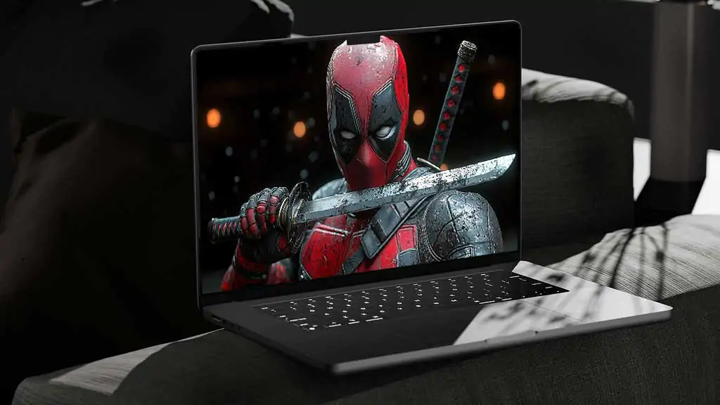 Deadpool katana wallpaper 4k featuring dramatic sword pose, detailed battle-worn blade, cinematic lighting effects in Ultra HD for all laptop