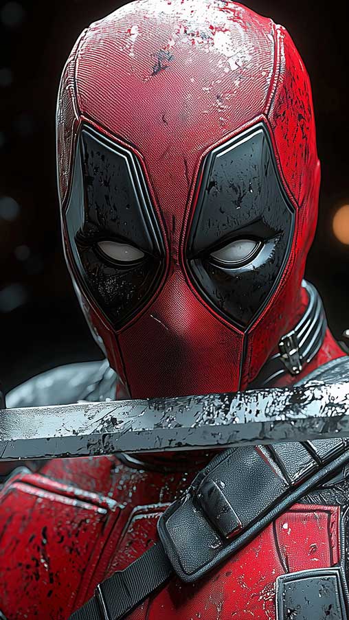 Fond d'écran 4K du katana de Deadpool avec pose d'épée dramatique, lame de combat détaillée, effets d'éclairage cinématographiques en Ultra HD pour tous les téléphones mobiles et iPhone