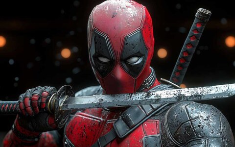 Deadpool katana wallpaper 4k featuring dramatic sword pose, detailed battle-worn blade, cinematic lighting effects in Ultra HD for all device
