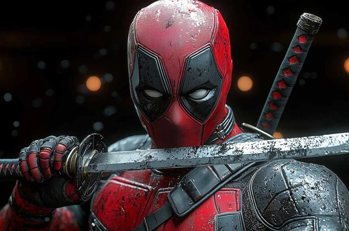 Deadpool katana wallpaper 4k featuring dramatic sword pose, detailed battle-worn blade, cinematic lighting effects in Ultra HD for all device