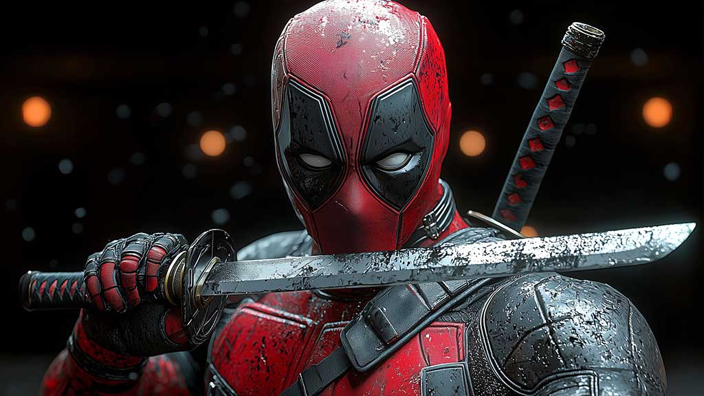 Fond d'écran 4K du katana de Deadpool avec pose d'épée spectaculaire, lame de combat détaillée et effets d'éclairage cinématographiques en Ultra HD pour tous les appareils