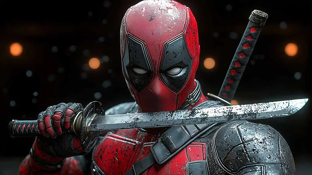 Deadpool katana wallpaper 4k featuring dramatic sword pose, detailed battle-worn blade, cinematic lighting effects in Ultra HD for all device