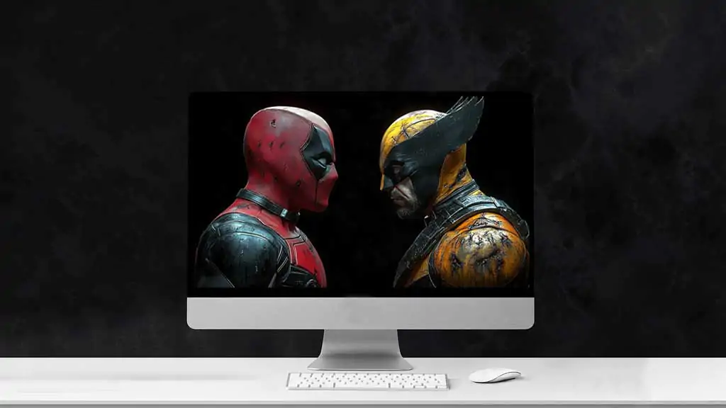 Deadpool vs Wolverine battle wallpaper 4K showing dramatic face-off against black background, battle-worn suits in detailed Ultra HD for Desktop Free