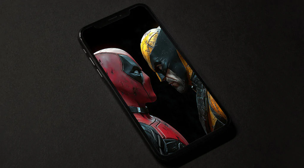 Deadpool vs Wolverine battle wallpaper 4K showing dramatic face-off against black background, battle-worn suits in detailed Ultra HD for all mobile phone and iphone Free