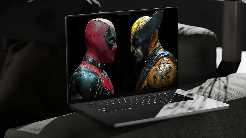 Deadpool vs Wolverine battle wallpaper 4K showing dramatic face-off against black background, battle-worn suits in detailed Ultra HD for laptop Free