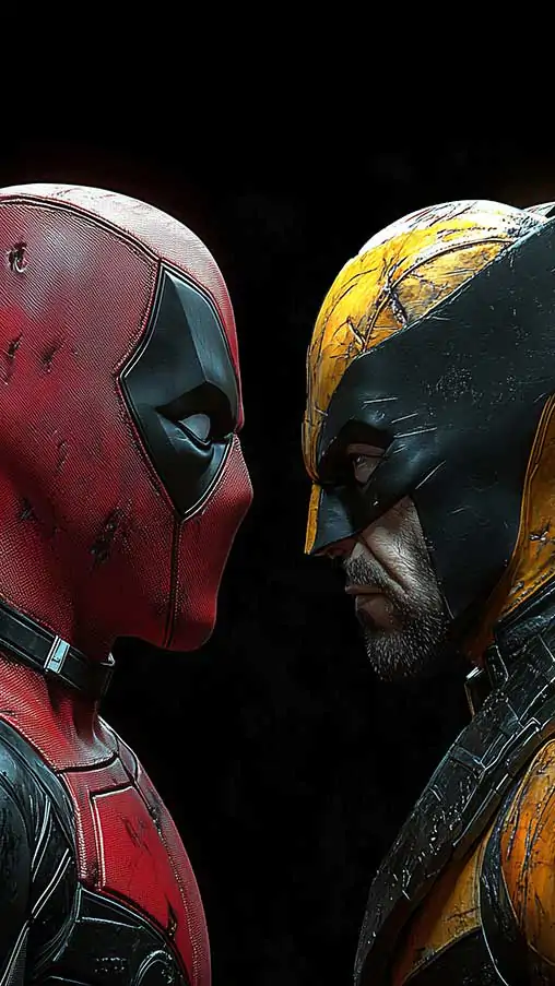 Deadpool vs Wolverine battle wallpaper 4K showing dramatic face-off against black background, battle-worn suits in detailed Ultra HD for all mobile phone and iphone Free