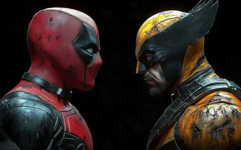 Deadpool vs Wolverine battle wallpaper 4K showing dramatic face-off against black background, battle-worn suits in detailed Ultra HD for all devices Free