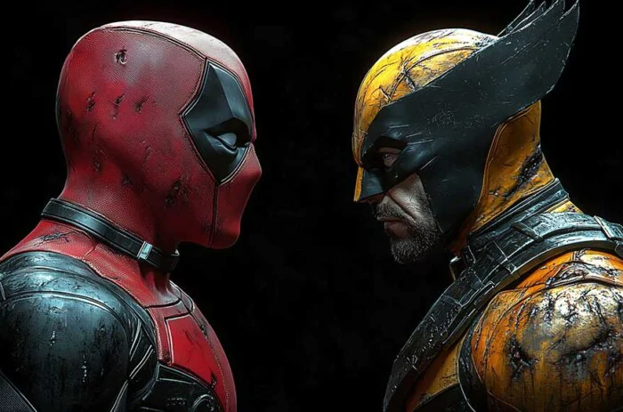 Deadpool vs Wolverine battle wallpaper 4K showing dramatic face-off against black background, battle-worn suits in detailed Ultra HD for all devices Free