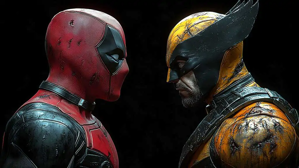 Deadpool vs Wolverine battle wallpaper 4K showing dramatic face-off against black background, battle-worn suits in detailed Ultra HD for all devices Free