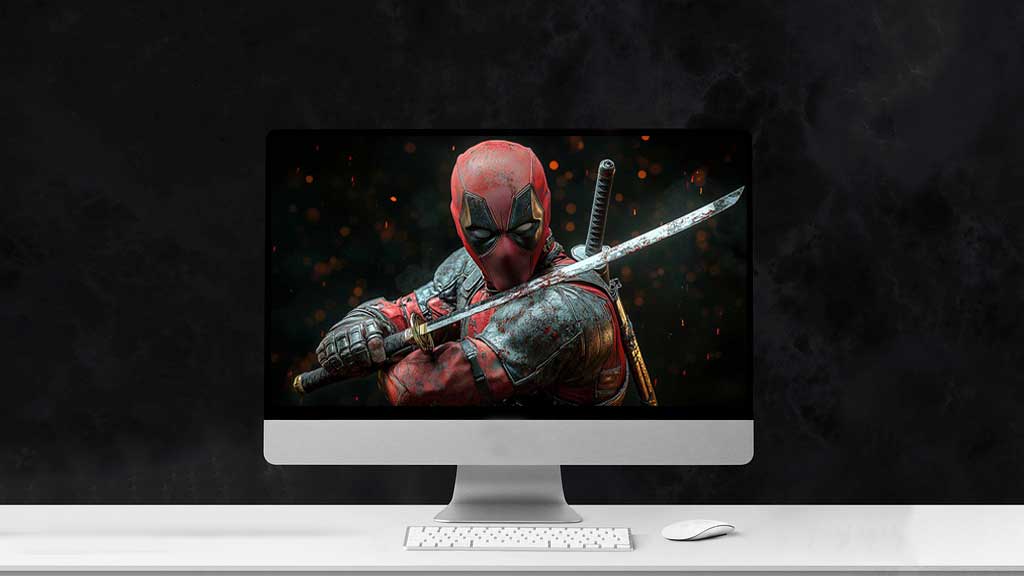 Fond d'écran Deadpool 4K, Wade Wilson tenant un katana avec une pose dynamique Fond d'écran Ultra HD horizontal pour ordinateurs de bureau