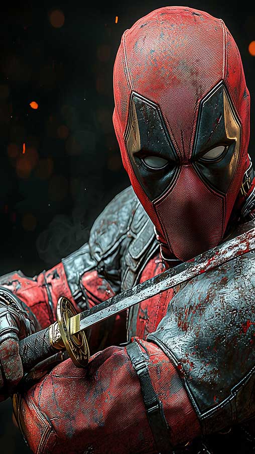 Fond d'écran Deadpool 4K, Wade Wilson tenant un katana avec une pose dynamique Fond d'écran Ultra HD vertical pour téléphones et iPhones