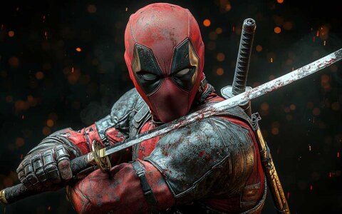 Deadpool wallpaper 4K , wade wilson holding a katana with a dynamic pose Ultra HD background horizontal for desktops and vertical for phones.