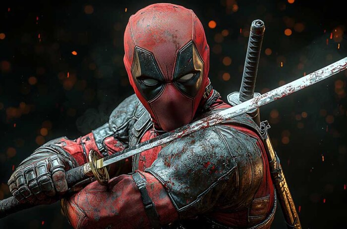 Fond d'écran Deadpool 4K, Wade Wilson tenant un katana avec une pose dynamique Arrière-plan Ultra HD horizontal pour ordinateurs de bureau et vertical pour téléphones.