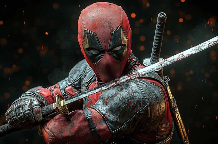 Deadpool wallpaper 4K , wade wilson holding a katana with a dynamic pose Ultra HD background horizontal for desktops and vertical for phones.