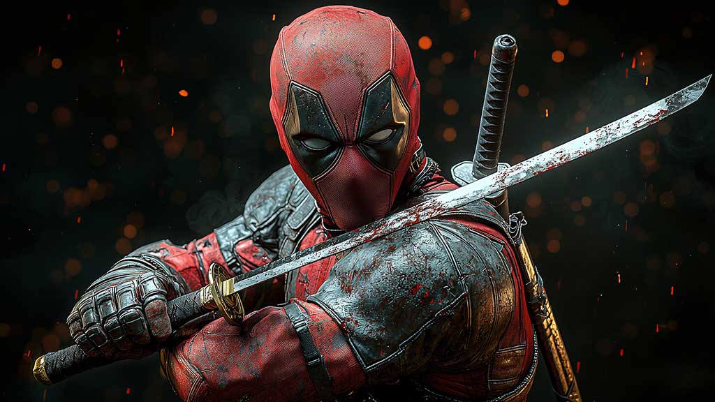 Fond d'écran Deadpool 4K, Wade Wilson tenant un katana avec une pose dynamique Arrière-plan Ultra HD horizontal pour ordinateurs de bureau et vertical pour téléphones.