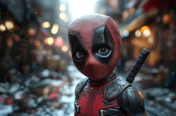 Cute baby Deadpool wallpaper in 4K resolution, featuring a younger version of the Ultra HD background; for desktops and for phones.