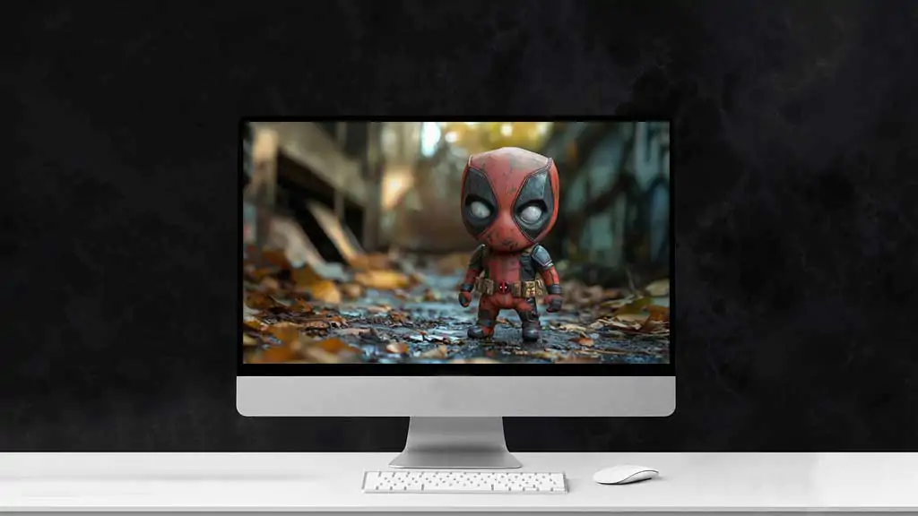 Fond d'écran Baby Deadpool en résolution 4K, dans un design mignon avec un fond d'automne Ultra HD pour les ordinateurs de bureau