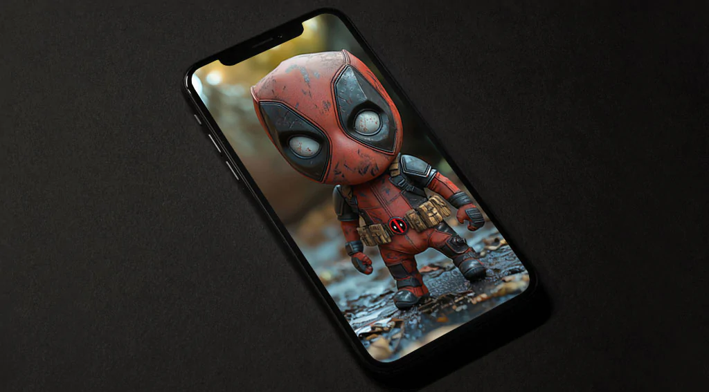 Baby Deadpool wallpaper 4K resolution, in a cute design with an autumn background Ultra HD for phones.