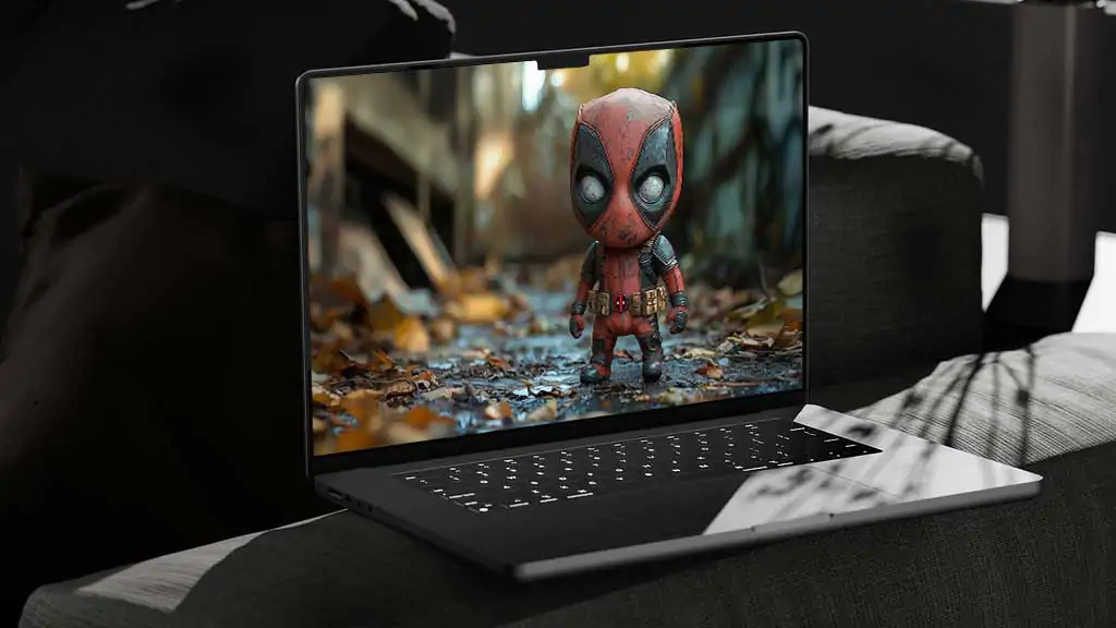 Baby Deadpool wallpaper 4K resolution, in a cute design with an autumn background Ultra HD for laptops.