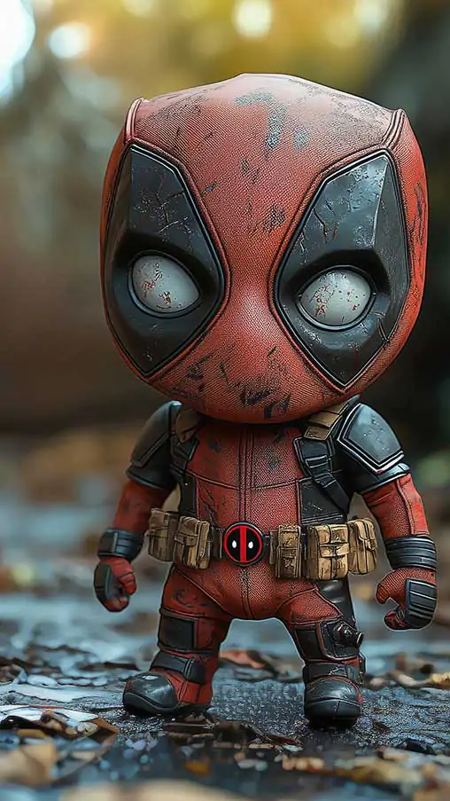 Baby Deadpool wallpaper 4K resolution, in a cute design with an autumn background Ultra HD for phones.