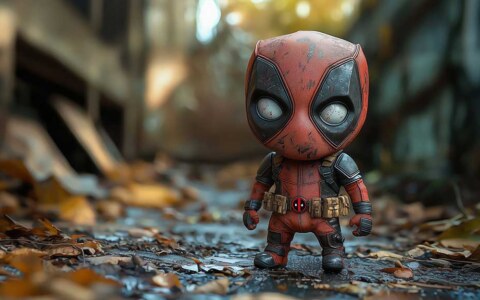Fond d'écran Baby Deadpool résolution 4K, dans un design mignon avec un fond d'automne Ultra HD pour ordinateurs de bureau et téléphones.