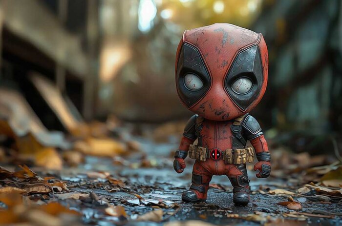 Fond d'écran Baby Deadpool résolution 4K, dans un design mignon avec un fond d'automne Ultra HD pour ordinateurs de bureau et téléphones.